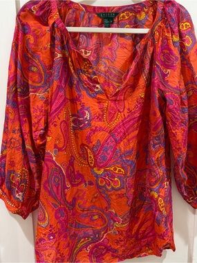 Ralph Lauren 100% Silk Pink and Orange Paisley Blouse